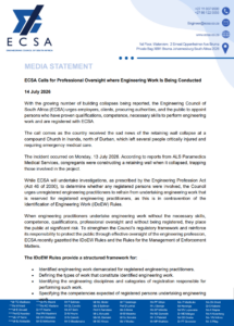 ECSA Calls for Professional Oversight where Engineering Work Is Being Conducted 